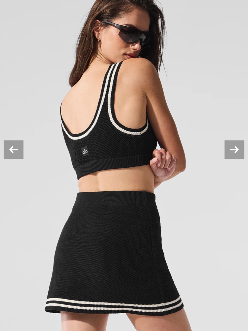 NWT Alo sweater knit tennis sport bra, black with white detail, Small
